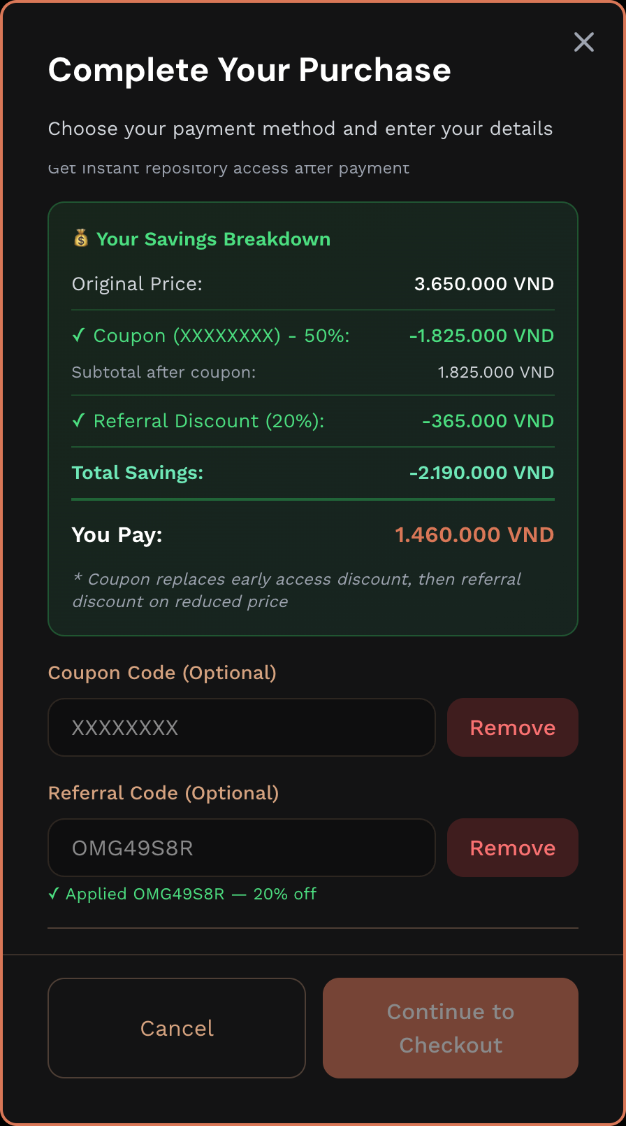 ClaudeKit checkout screenshot showing a combo purchase with a 50% coupon and 20% referral discount applied.