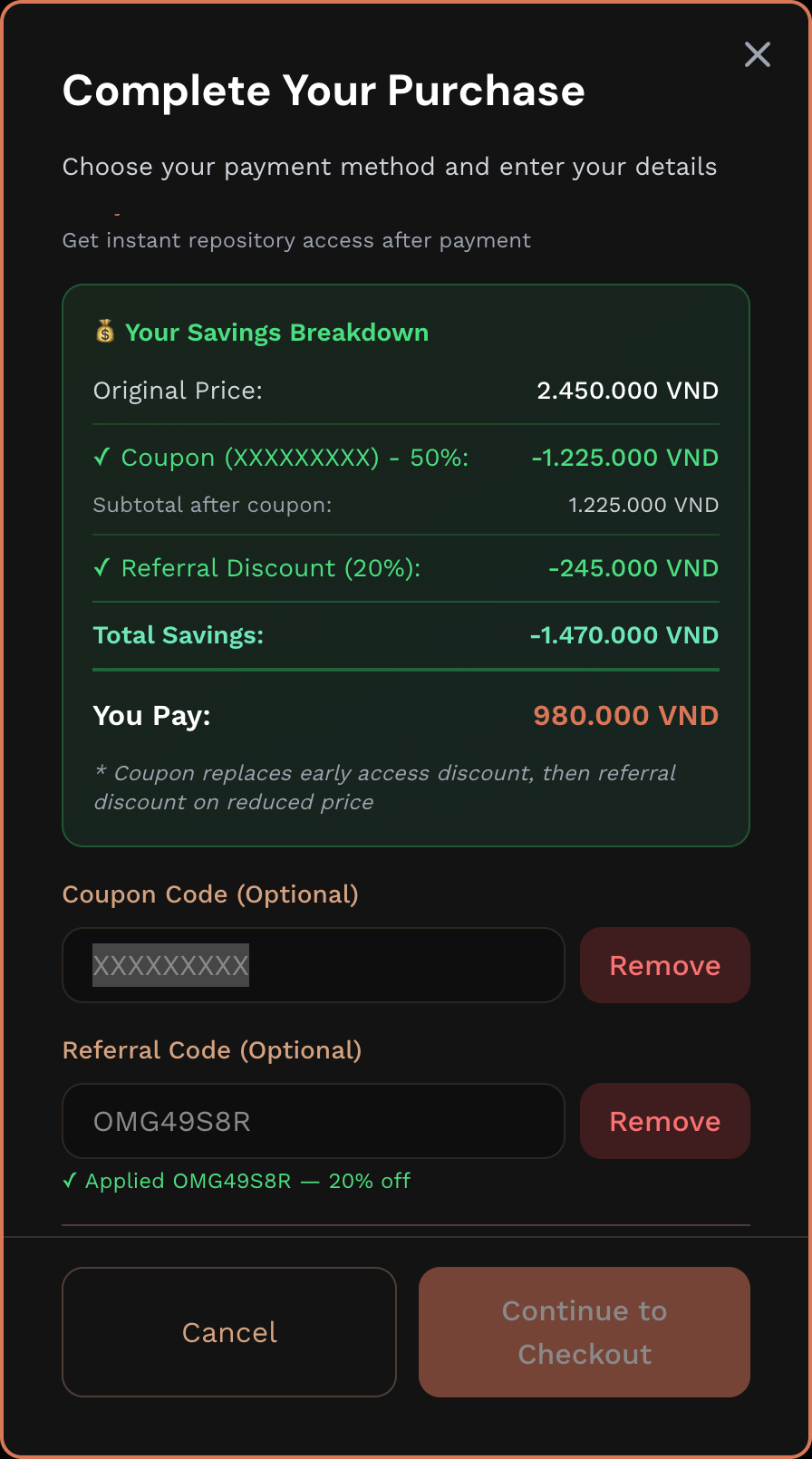 ClaudeKit checkout screenshot showing a one-kit purchase with a 50% coupon and 20% referral discount applied.